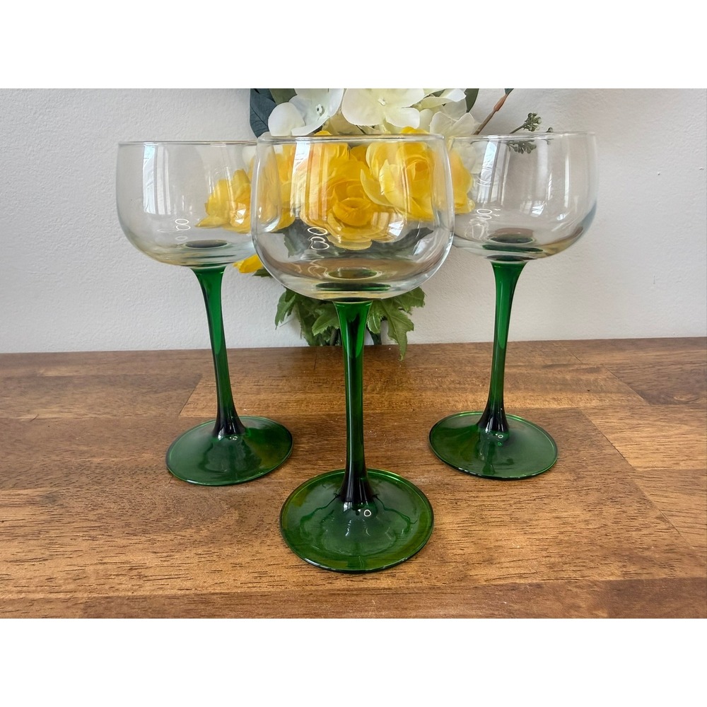 Vintage Luminarc France‎ Green Stem Wine Glasses Clear Bowl Mid Century Barware